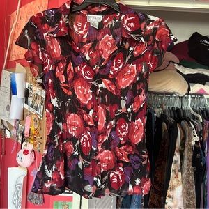 Rosy red, purple and black button up blouse by Bethany <3